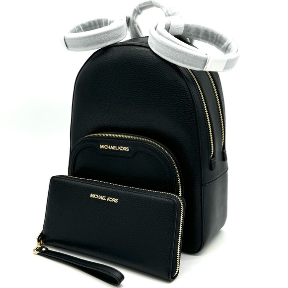 Michael Kors Medium Jaycee Backpack & Large Continental Wallet Black/Gold - Picture 1 of 14